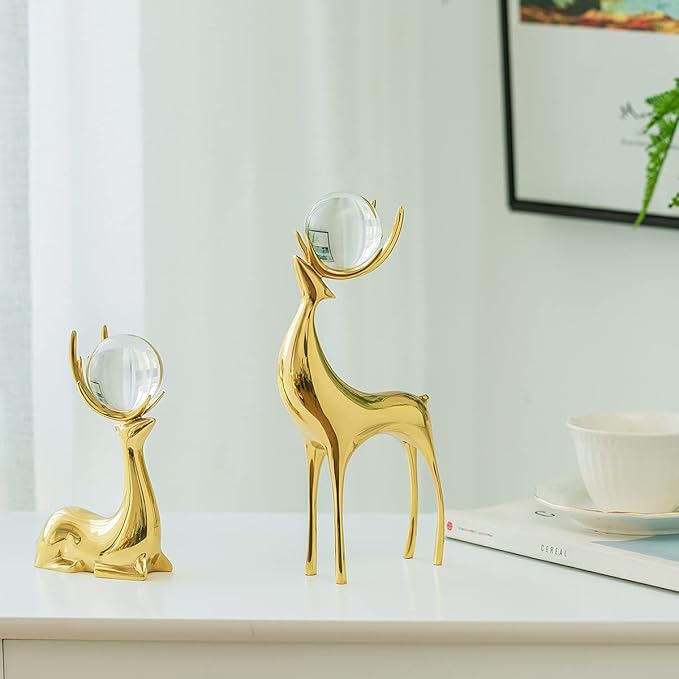 Sziqiqi Brass Reindeer Sculptures Animal Figurine Statues Christmas Deer Pure Copper Heavy Reindeer Ornaments for Home Decor Accents Living Room Office Bookself Tabletop Mantle Decoration