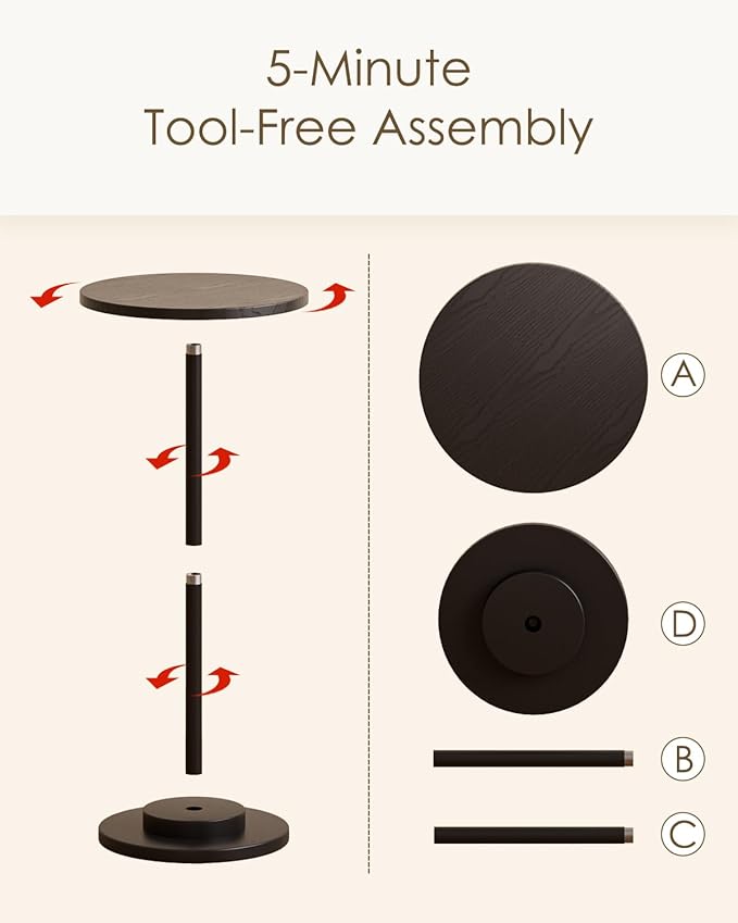 Masupu Drink Table, Round Side Table for Small Spaces, Pedestal Side Table, Small End Table with Metal Base, for Living Room, Bedroom, Bathroom, Black