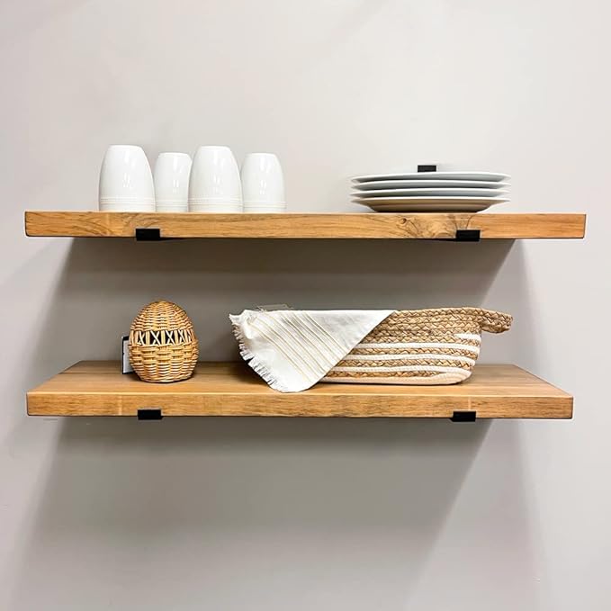 Rustic Shelves with J-Brackets Set of 2, Industrial Shelf, Kitchen Shelves, Solid Wood, Decorative Wall Storage, Heavy Duty, URBANDI (Brown, 12Wx12D)