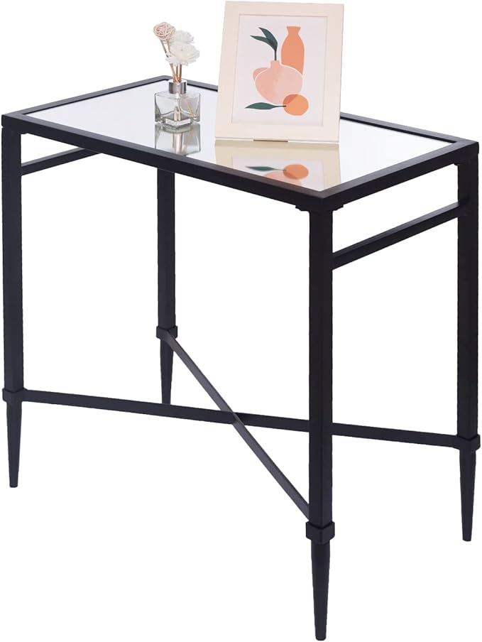 Black End Table, Rectangle Side Table with Mirrored Top, Modern Metal End Table, Small Narrow Side Table for Living Room, Balcony, 22" L x 12.4" W x 24" D