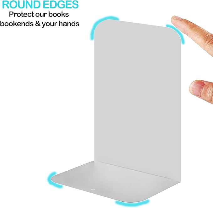 VONDERSO Metal Bookends, 4 Pairs White Metal Book Ends Heavy Duty for Shelves Decor Home Office, Unique White Bookends Supports Anti-Slip for Kids