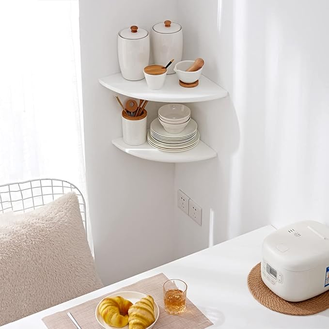 Corner Shelf, White Solid Oak Wood Floating Corner Shelves Wall Mount Round End Floating Speaker Rack for Small Plant Photo Frame (White, 8.6in)