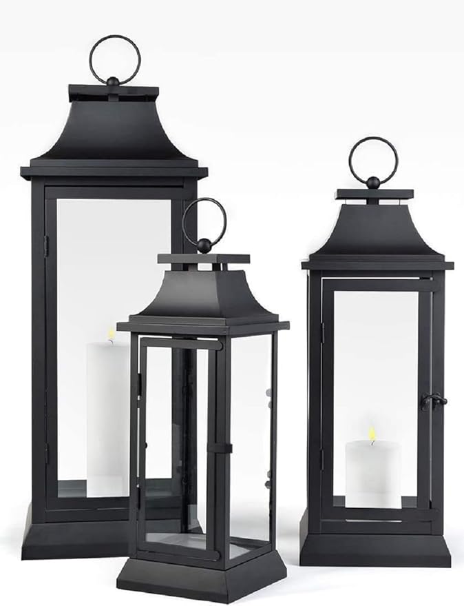 Serene Spaces Living Black Hurricane Lanterns with Clear Glass Panels, Perfect for Home Decor, Parties & Events, Table Top Or Hanging Lantern for Indoor & Outdoor, KIT - Small, Medium & Large