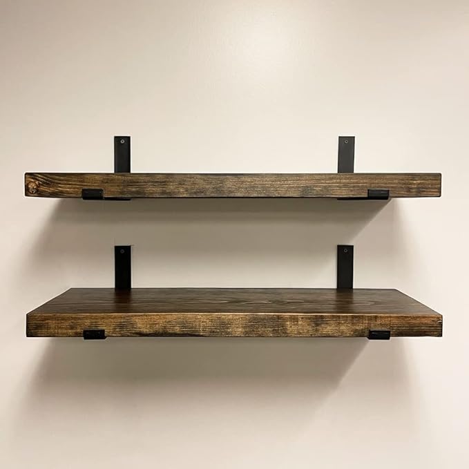 Rustic Shelves with J-Brackets Set of 2, Industrial Shelf, Kitchen Shelves, Solid Wood, Decorative Wall Storage, Heavy Duty, URBANDI (Dark Brown, 12Wx6D)