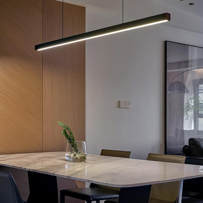 JAYMP Minimalist Linear Pendant Light Dimmable LED Modern Chandelier Dining Room Island Light Restaurant Cafe Bar Office Hanging Lamp Black 57"