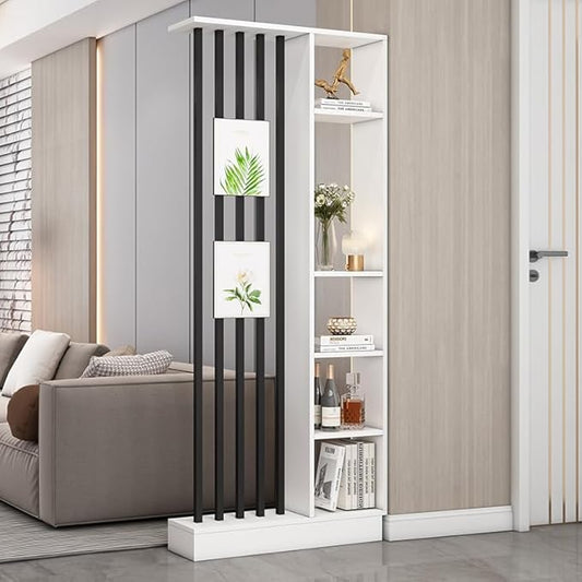 Wall Room Divider, Storage Cabinet Storage Display with Shelves, Modern Freestanding Wood Room Divider Screen, Wall Privacy Screens for Home Decorative (White+Black,31.5" L x 9.5" W x 79.5" H)