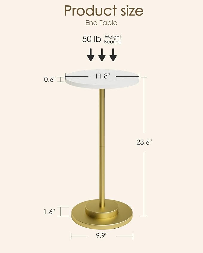 Masupu Drink Table, Round Side Table for Small Spaces, Pedestal Side Table, Small End Table with Metal Base, for Living Room, Bedroom, Bathroom, White Gold