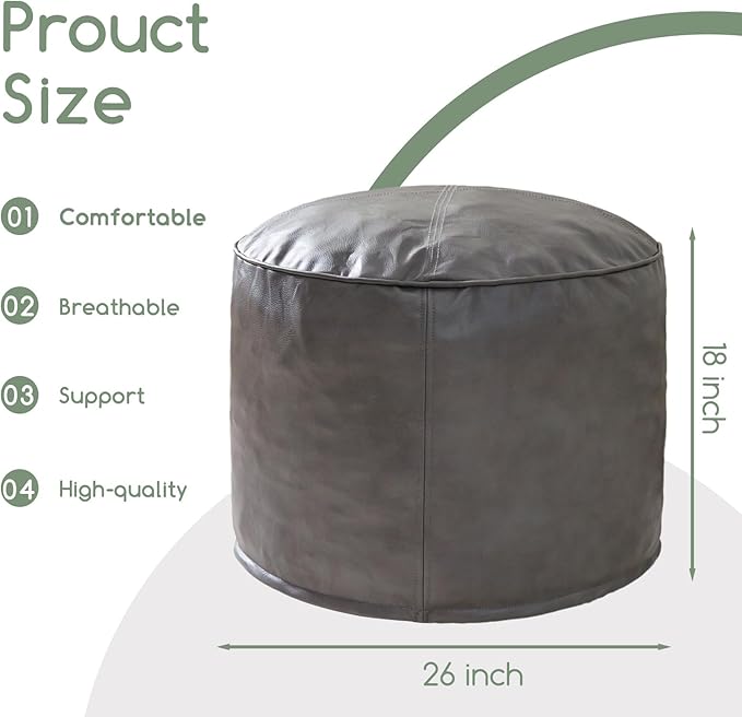 HIGOGOGO Round Stuffed Pouf Ottoman, Pu Leather Poufs with Foam Chunk Filling Foot Stool Storage Ottoman, 26 X 18 Floor Poufs Foot Rest for Living Room, Grey