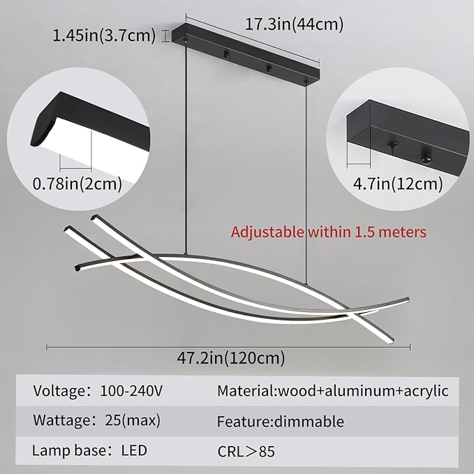 Modern Chandelier, Linear Pendant Light LED Dimmable Hanging Light Fixture, 3000K-6500K with Remote Control (Black, 47IN)