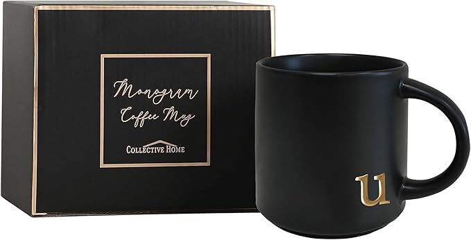 COLLECTIVE HOME - Black Monogram Ceramic Mugs, 15 oz Golden Initial Coffee Cups, Elegant Alphabet Tea Mugs, Personalized Halloween Mug with Gift Box, Perfect for Office and Home Décor (u)