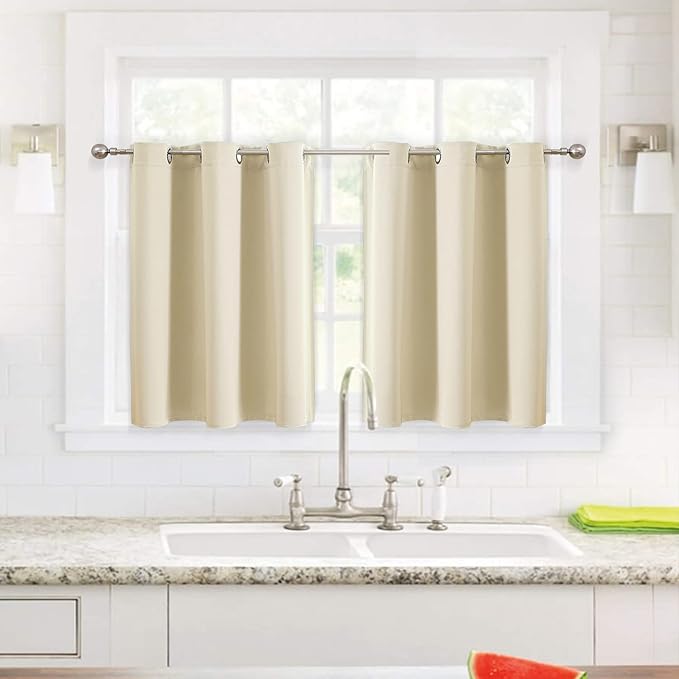 ChrisDowa Small Window Curtains for Kitchen and Bedroom - Grommet Short Thermal Insulated Room Darkening Curtains (2 Panels, Beige, 34 x 36 Inch)