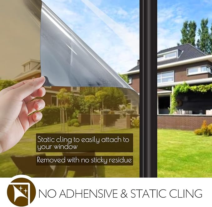 HIDBEA Window Privacy Film Daytime, Heat Control Anti UV Reflective One Way Mirror Window Tint for Home, Non-Adhesive Self Static Cling Window Stickers (Brown-Silver, 17.5 Inch x 6.5 Feet)