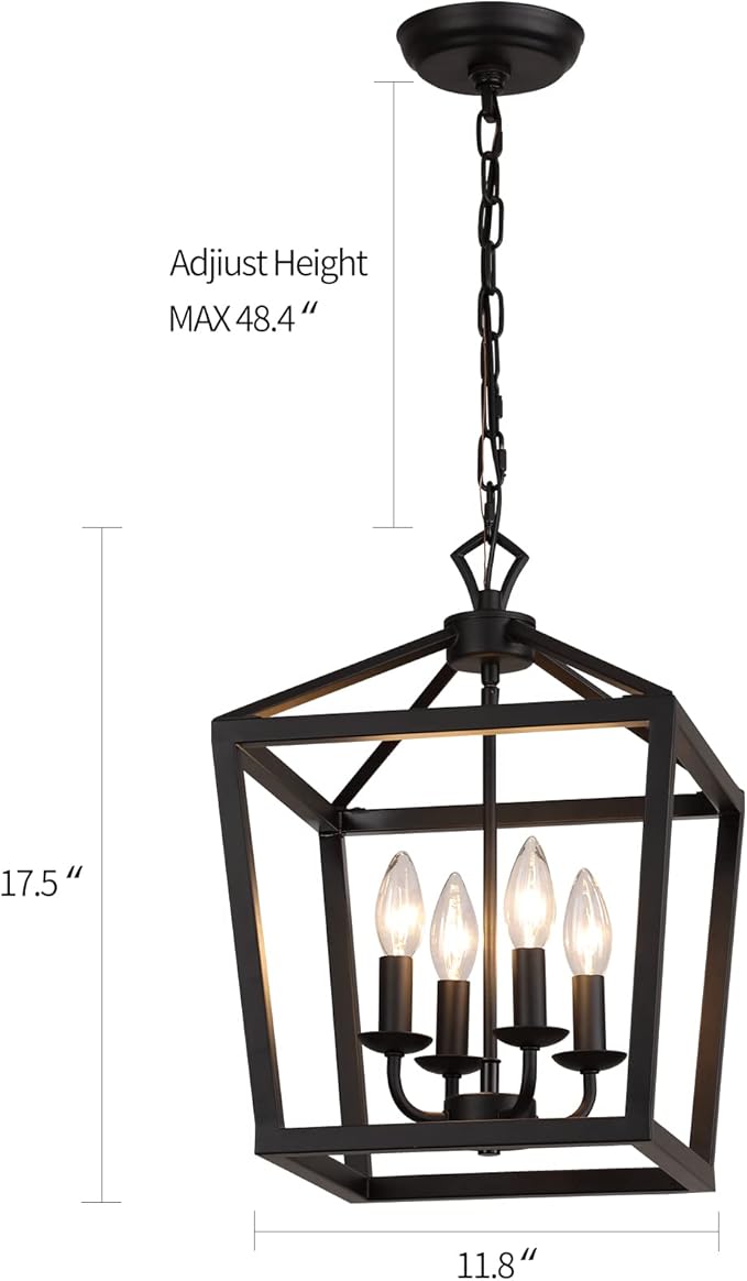 AMZASA Farmhouse Rustic Black Lantern Chandelier Hanging Light Fixture 4-Lights for Kitchen Island Dining Room Hallway Entryway Foyer UL Listed