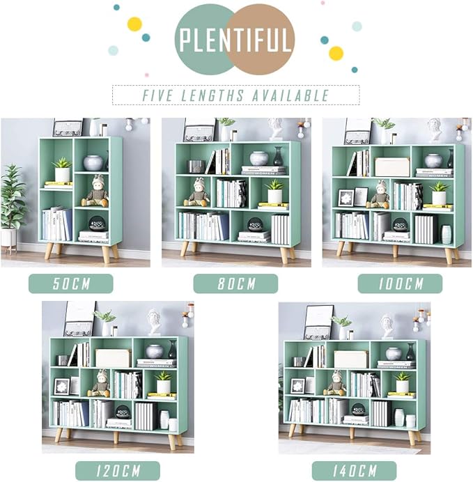 IOTXY Wooden Open Shelf Bookcase - 3-Tier Floor Standing Display Cabinet Rack with Legs, 10 Cubes Bookshelf, Tiffany-Green