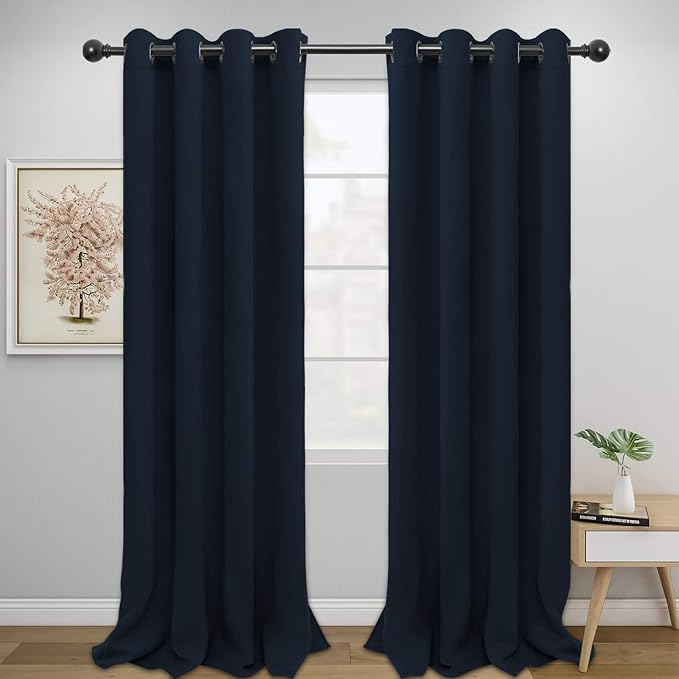 Easy-Going Blackout Curtains for Bedroom, Solid Thermal Insulated Grommet and Noise Reduction Window Drapes, Room Darkening Curtains for Living Room, 2 Panels (52x96 in,Navy)