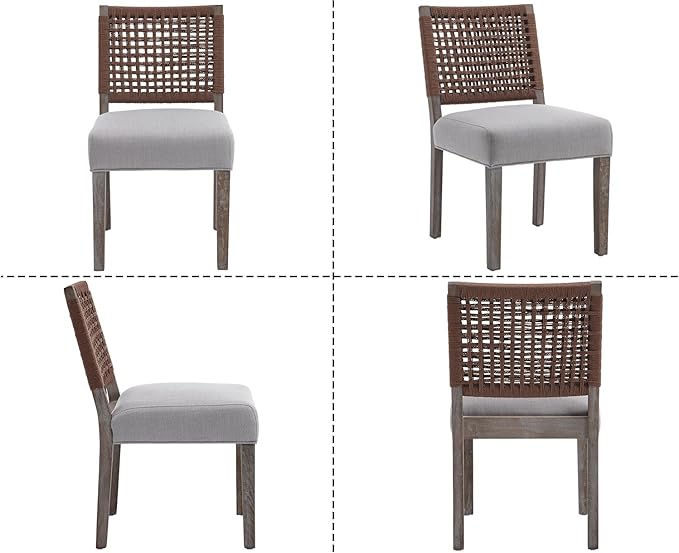 Kmax Farmhouse Dining Chairs Set of 4, Rustic Kitchen Chairs with Linen Fabric Seat and Woven Back, Vintage Accent Chairs for Dining Room, Living Room, Grey