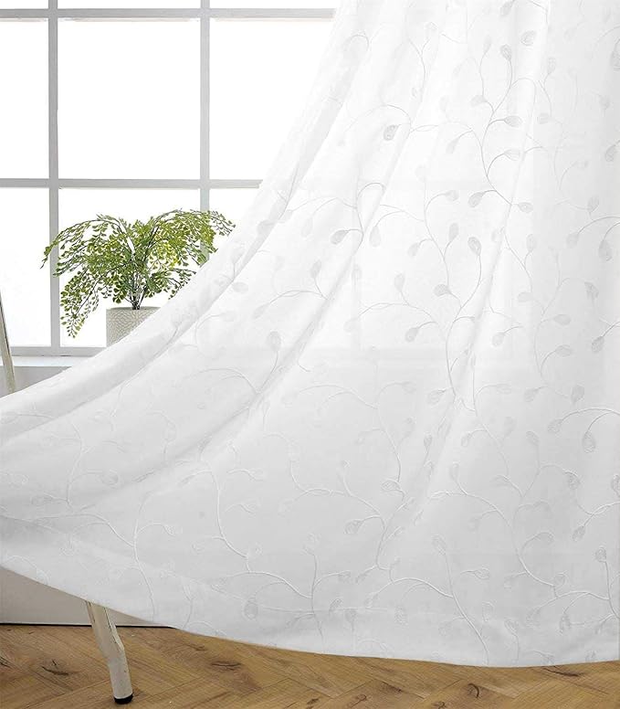 MIUCO Floral Embroidered Semi Sheer Curtains Faux Linen Grommet Window Curtains for Bedroom Living Room 95 Inches Long 2 Panels, Pure White
