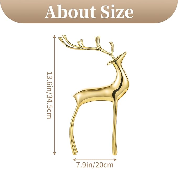 Sziqiqi Reindeer Sculpture for Christmas Table Centerpieces - Gold Brass Deer Antler Statue Decor Metal Elk Figurine Modern Stag Sculpture for Christmas Decorations Indoor Animal Rein Deer Ornaments