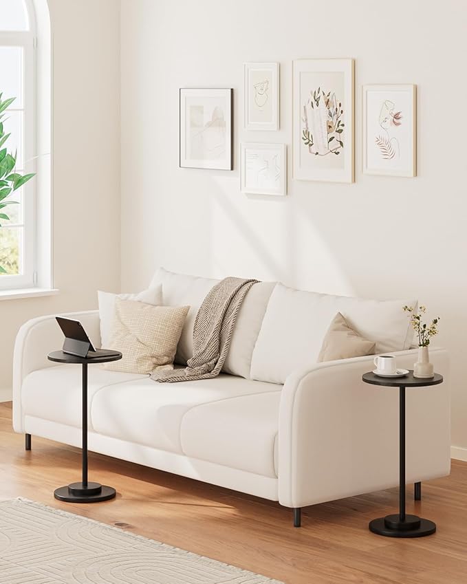 Masupu Drink Table, Round Side Table for Small Spaces, Pedestal Side Table, Small End Table with Metal Base, for Living Room, Bedroom, Bathroom, Black