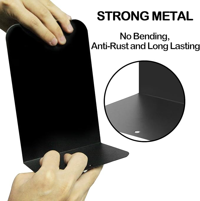 VONDERSO Metal Bookends, 4 Pairs Black Metal Book Ends Heavy Duty for Shelves Decor Home Office, Unique Black Bookends Supports Anti-Slip for Kids
