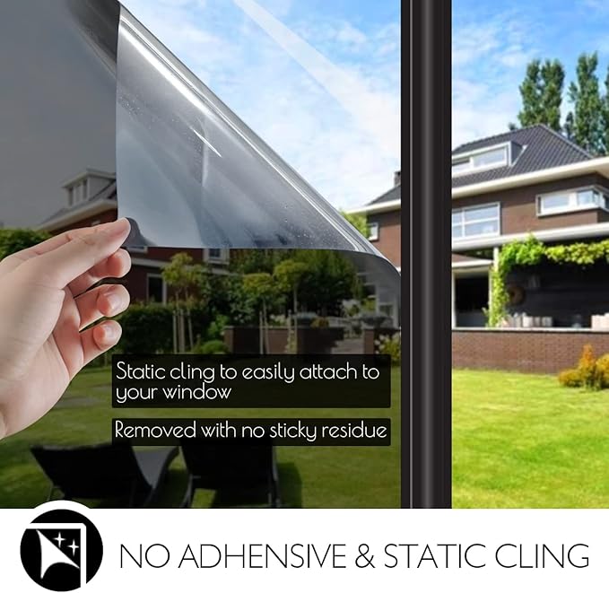 HIDBEA One Way Privacy Window Film, Daytime Mirror Reflective Heat Control UV Sun Blocking Non-Adhesive Static Cling Window Tint for Home and Office(Black-Silver, 45.2 Inch x 19.6 Feet)