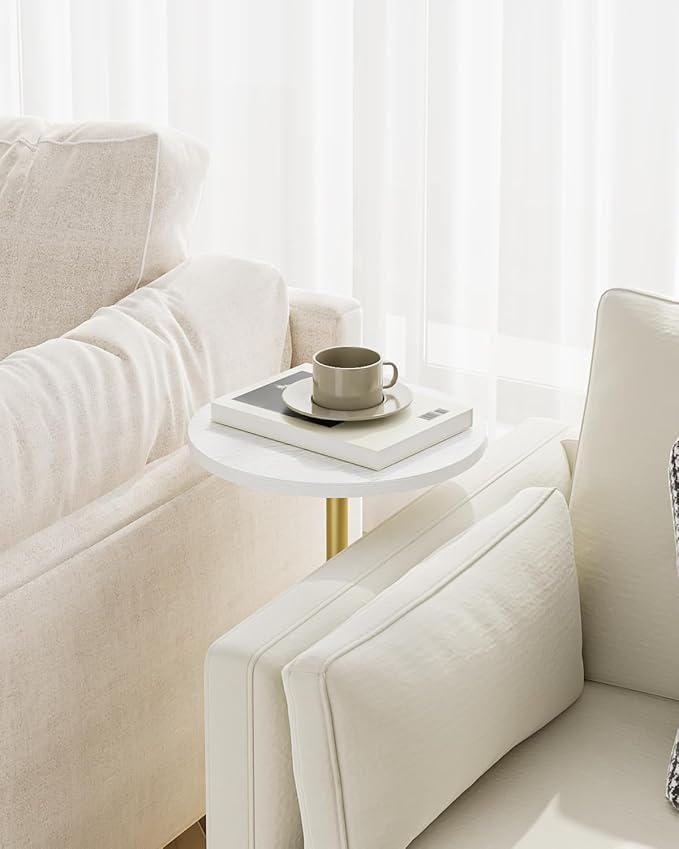 Masupu Drink Table, Round Side Table for Small Spaces, Pedestal Side Table, Small End Table with Metal Base, for Living Room, Bedroom, Bathroom, White Gold
