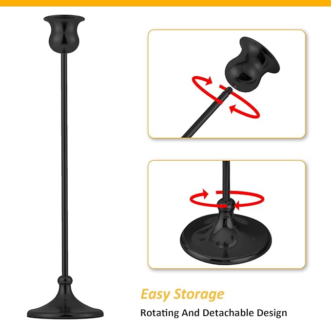 Taper Candle Holder Tall Vintage Metal Candlestick Holders Candle Stick Candelabra for Halloween Thanksgiving Christmas Holiday Wedding (Matt Black, 2 Sets (6 pcs))