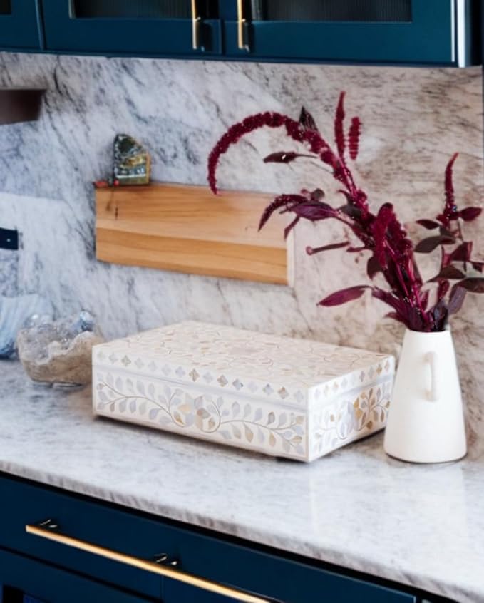 Decorative Storage Box Of Mother Of Pearl Inlay Floral Design Wooden Storage Box For Home Decoration For Living Dining & Bedroom (White_12x8x5 inch)