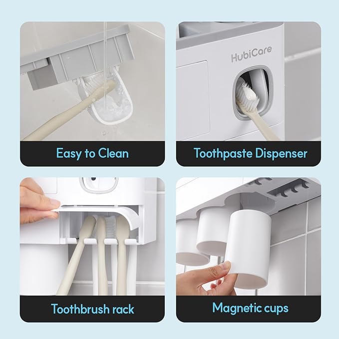 HubiCare Toothbrush Holder with Toothpaste Dispenser Wall Mounted for Bathroom, Automatic Toothpaste Squeezer, Bathroom Organization and Storage, 5 Toothbrush Slots (3 Cups)