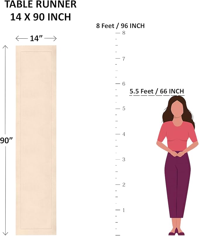 Solino Home Linen Beige Table Runner 90 Inches Long - 100% Pure Linen 14 x 90 Inch Table Runner for Fall, Autumn, Thanksgiving - Classic Hemstitch
