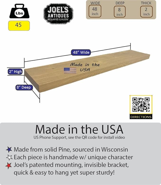joelsantiques - 48 Inch Wooden Floating Shelves for Wall - 48x8x2 in - Made of Natural Wood - Long Heavy Duty Rustic Wall Shelves for Bedroom - Perfect for Living Room, Kitchen - Natural