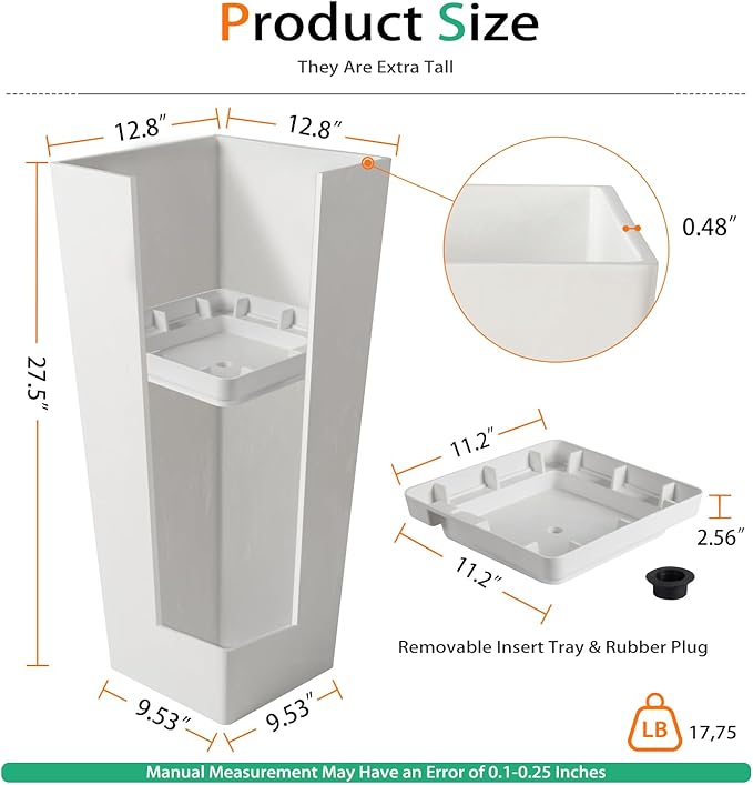 Tall Planters for Outdoor Plants, Large Resin Flower Pots for Garden, Front Porch, Patio, Indoor - Set of 2 (White, 27.5 inch - 2 Pack)