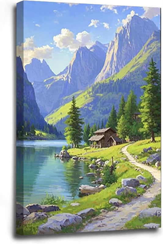 Landscape wall painting of mountain forest lakeside cabin under blue sky and white clouds natural oil painting poster suitable for living room bedroom office