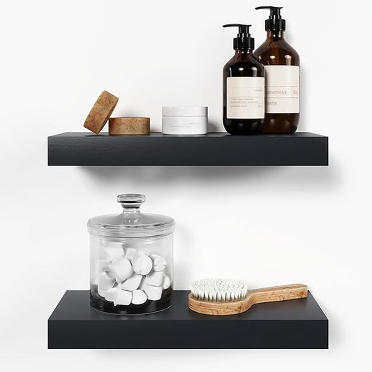 Homeforia 16 inch Black Floating Shelves, High End Solid Real Wood 16inch Bathroom Floating Shelves for Wall Mounted, 16in Wooden Small Floating Shelf, Heavy Duty Bracket, 16 X 6.5 X 1.75 in, Set of 3