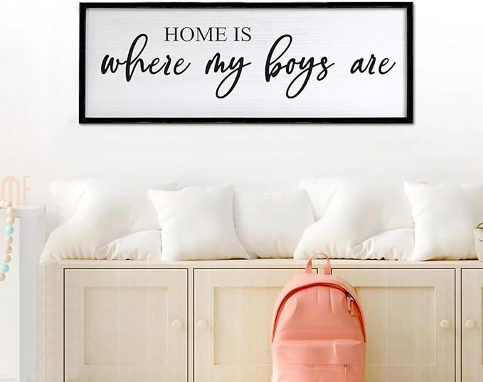 Home is Where My Boys are Sign Framed Wall Art, 40''×15'' Rustic Horizontal My Son Plaque with Black Frame for Baby Kid Boy Son Teen Toddlers Room, Horizontal Mom of Boys Gifts Nursery Decor