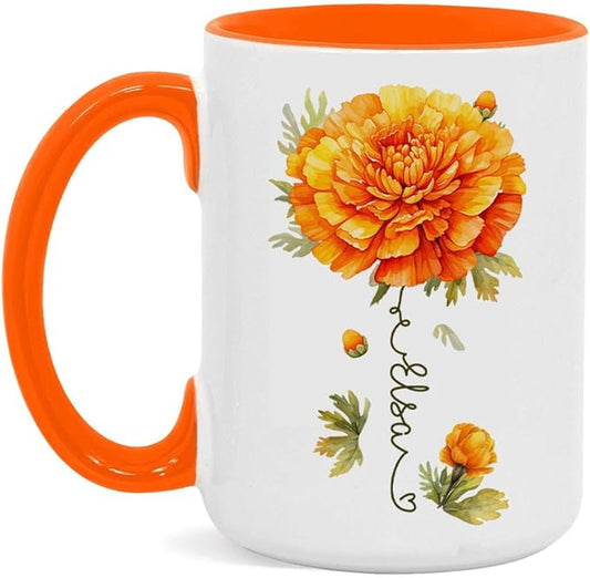 Unique Marigold Themed Ceramic Mug, Personalized Name Flower Accent Cup, Lovely Floral Coffee Mug 11oz 15oz, Custom Ceramic Mug For Flower Lover, Customized Marigold Decorative Cup