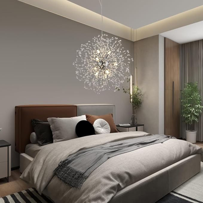 Sputnik Crystal Chandelier, Modern Beaded Ceiling Lamp with Chrome, Round Dandelion Pendant Light Fixtures for Living Room Bedroom Dining Room Farmhouse Kitchen Island (Chrome 9Lights)