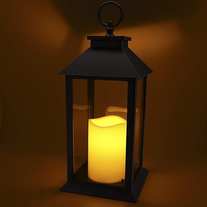 YAKii Hanging Glass Panes Lantern Portable Led Lantern Decorative Operated by 3AAA Battery Use for Garden Yard, Indoor Decoration Candle (Black)