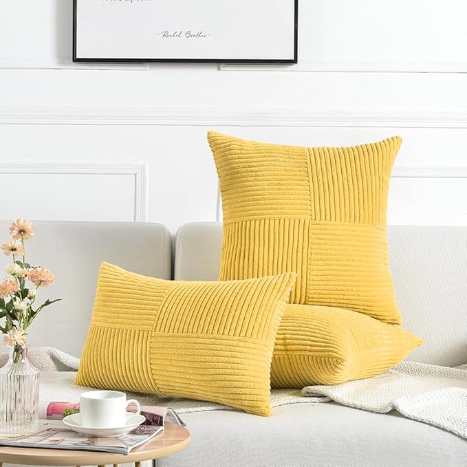Fancy Homi 2 Packs Yellow Decorative Throw Pillow Covers 16x16 Inch for Living Room Couch Bed, Rustic Farmhouse Boho Home Decor, Soft Corss Patchwork Corduroy Textured Square Cushion Case 40x40 cm
