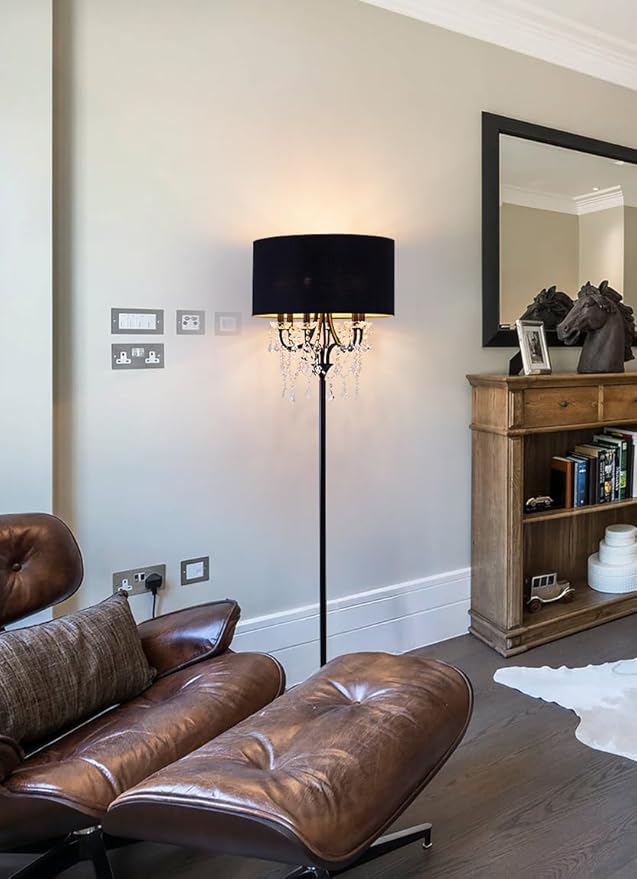 Wellmet Black Crystal Drum Shade Floor Lamp, 6 Light Black Gold Shade, Candle Base, for Living Room, Bedroom, Reading Room, Hallway, Corridor