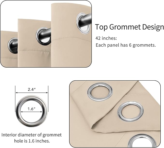 Easy-Going Blackout Curtains for Bedroom, Solid Thermal Insulated Grommet and Noise Reduction Window Drapes, Room Darkening Curtains for Living Room, 2 Panels (42x54 in, Beige)