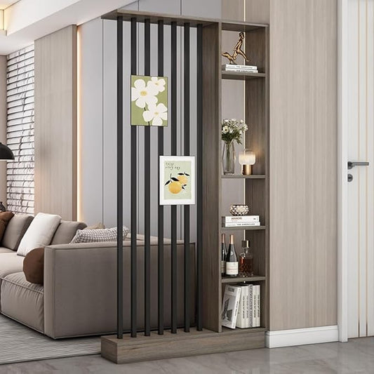 Wall Room Divider, Storage Cabinet Storage Display with Shelves, Modern Freestanding Wood Room Divider Screen, Wall Privacy Screens for Home Decorative (Grey Oak+Black,39.5" L x 9.5" W x 79.5" H)