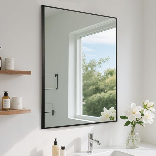 FARMER 26x38 Inch Black Bathroom Mirror, Rectangle Wall Mounted Mirror, Vanity Mirror, Brushed Square Mirror, Framed Bathroom Mirror for Bedrooms, Entryways, Living Rooms, Horizontal/Vertical
