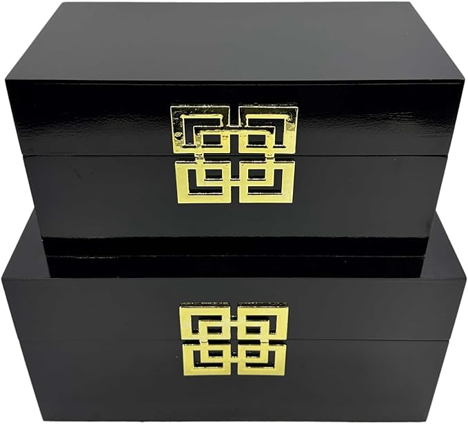 Galt International Storage Box Set Decorative Storage Box w/Hinged Lid Classic Design Wood Decor Boxes with Geometric Clasp Storage for Bedroom & Home - Set of 2 (Black & Gold)
