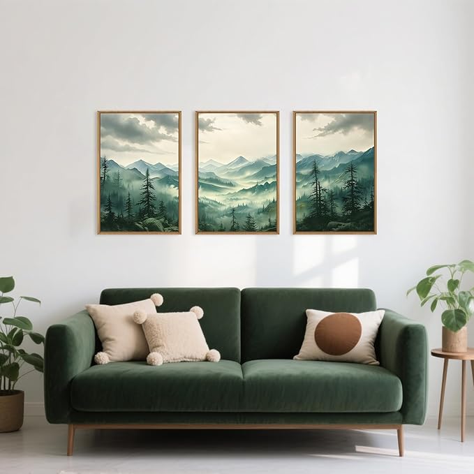 Green Foggy Mountain Framed Canvas Wall Art Set, Misty Forest Wall Decor, Watercolor Pine Tree Wall Painting, Large Nature Landscape Art Print for Living Room, Bedroom, Office - 16"X24"X3