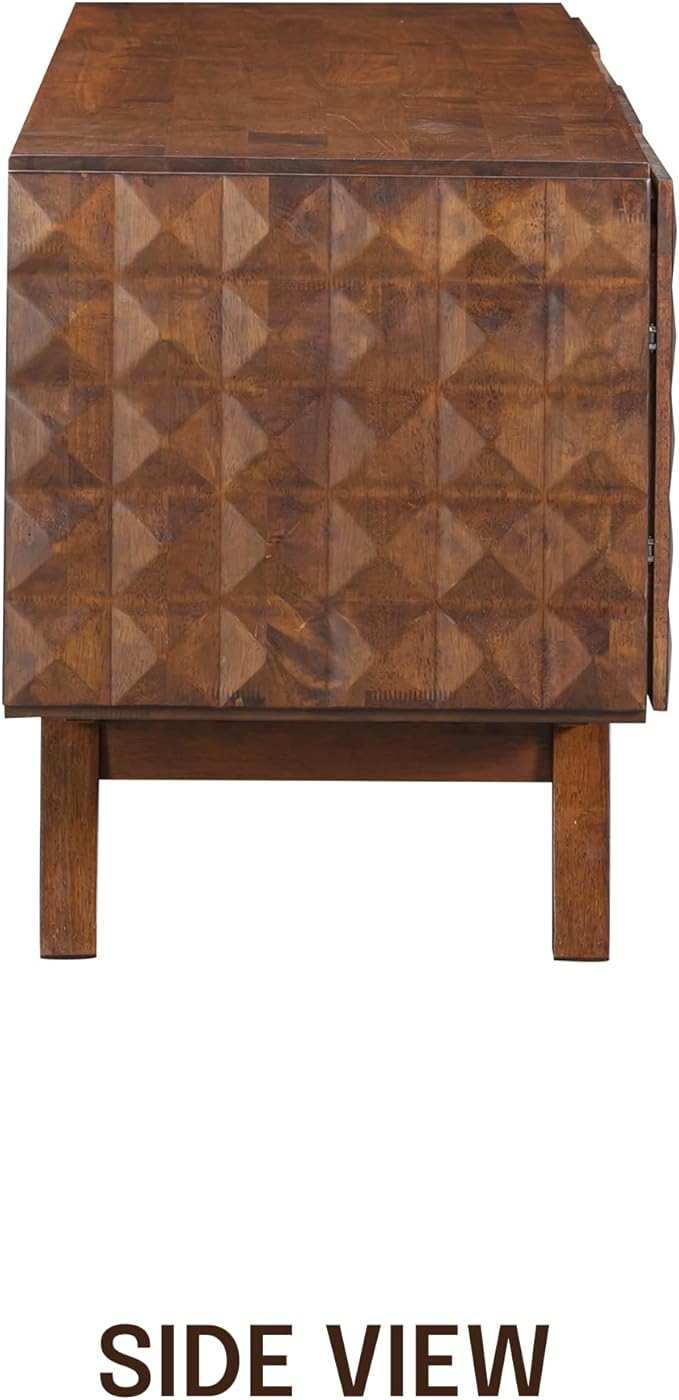 NTC Sapa Mid-Century Modern Solid Wood TV Stand 4-Door Media Console with Carved Geometric Fronts for TVs up to 75", Effortless Assembly, Dark Walnut