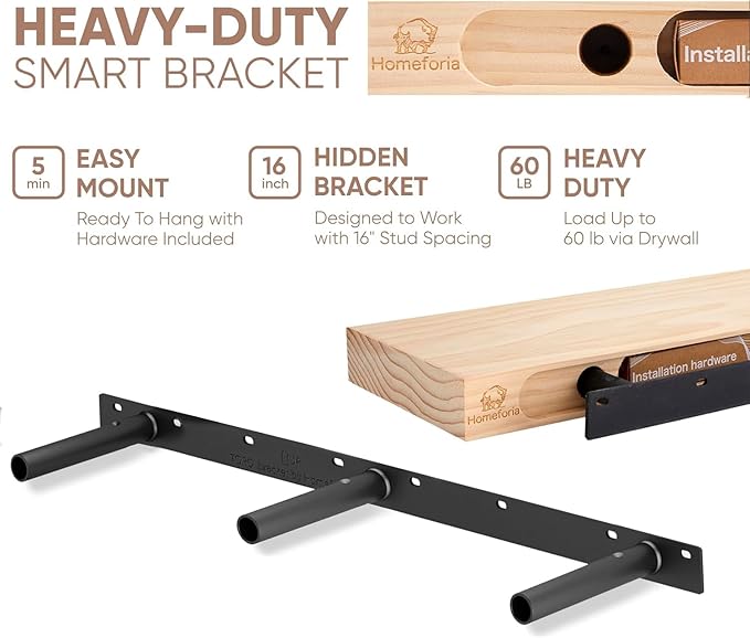 Homeforia Walnut 60 inch Floating Shelf, High End Solid Real Wood 60inch Long Floating Shelf for Wall, Dark Brown Wooden 60in Large Floating Shelves, Heavy Duty Bracket, 60 X 6.5 X 1.75 inch, Set of 2