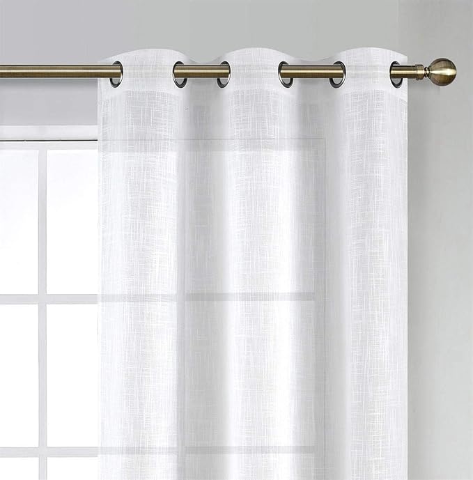MIUCO White Sheer Curtains Poly Linen Textured Solid Grommet Curtains 95 Inches Long for French Doors 2 Panels (2 x 37 Wide x 95" Long) White