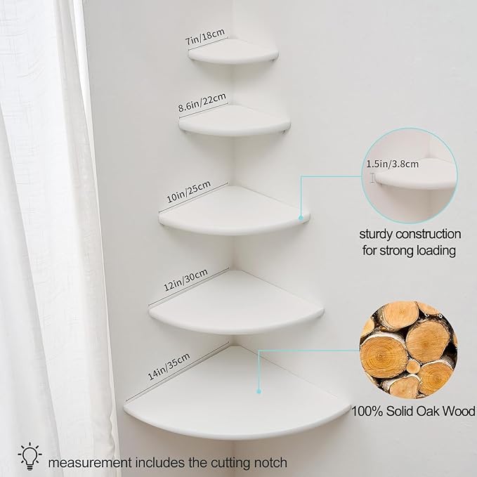 Corner Shelf, White Solid Oak Wood Floating Corner Shelf Wall Mount Round End Floating Speaker Shelf Display Shelf for Small Plant Photo Frame (White, 16in)
