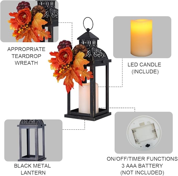 NEEDOMO Fall Decorations for Home, 2 Pcs 15'' Fall Lantern Indoor Outdoor Thanksgiving Decor, Vintage Metal Hanging Candle Holders with Fall Teardrop Wreath and LED Candle for Patio, Porch, Table